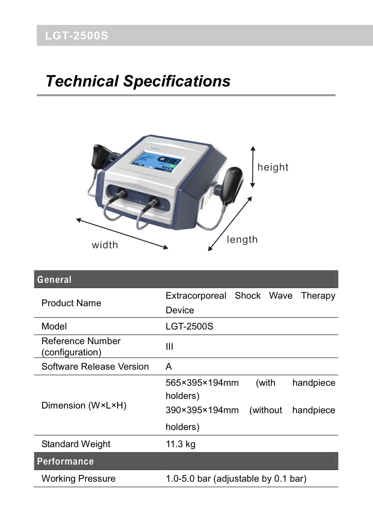 LGT-2500S Radial Shock Wave Therapy System Health Canada & FDA Approved